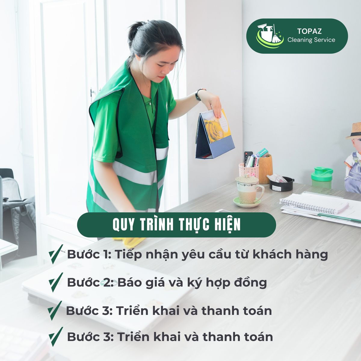 Quy trình nhân viên Topaz thực hiện dịch vụ cung cấp tạp vụ văn phòng