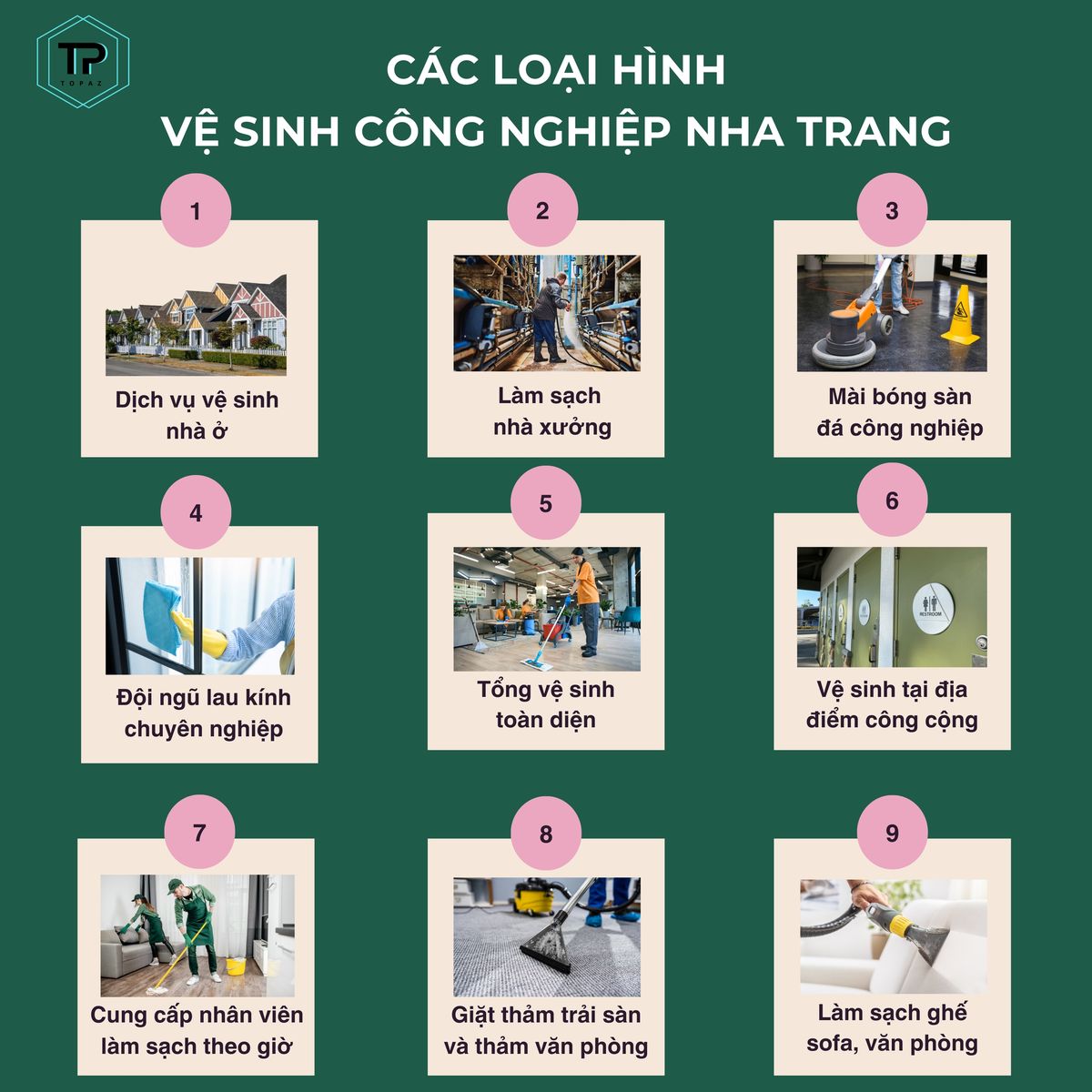 9 loại hình dịch vụ vệ sinh công nghiệp Topaz cung cấp tại Nha Trang